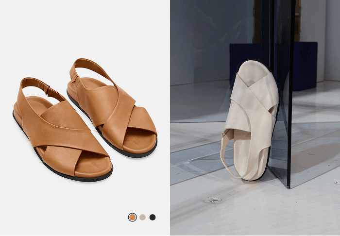 A rotating view of The Heidi Sandals with back straps, showcasing different color options and lifestyle placement.