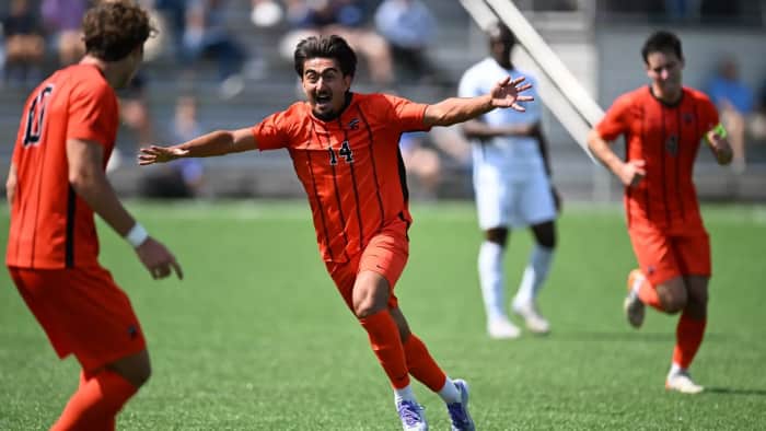 MNUFC pick Bardia Hormozi celebrates after scoring in college