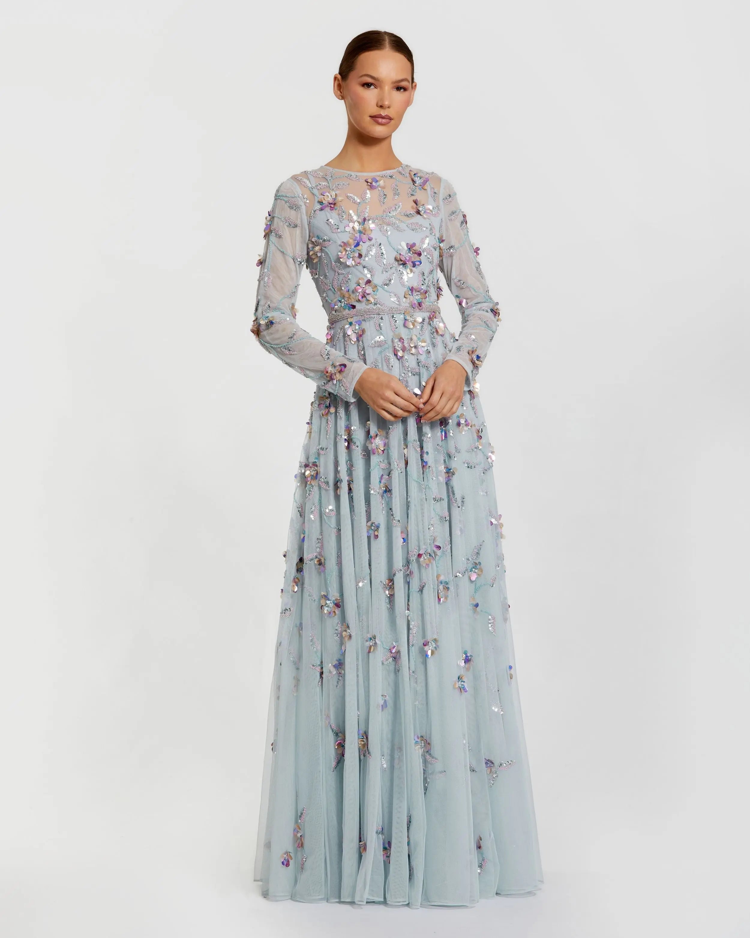 Image of Light Blue Long Sleeve Floral Embellished Evening Gown