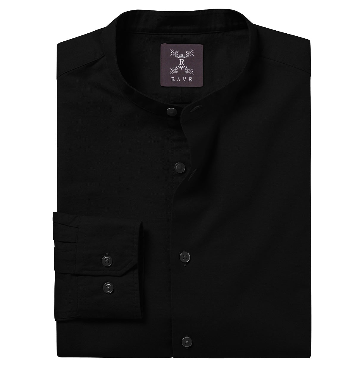 Image of Wrinkle-resistant - Band Collar - Cotton-Lycra Shirt - Long Sleeve - Black