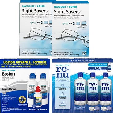 renu Advanced and Boston Advance Solutions or Sight Savers Lens Cleaning Wipes