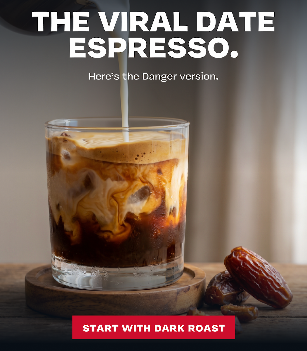 Iced date espresso with milk pouring in, "The Viral Date Espresso" headline, Start With Dark Roast button