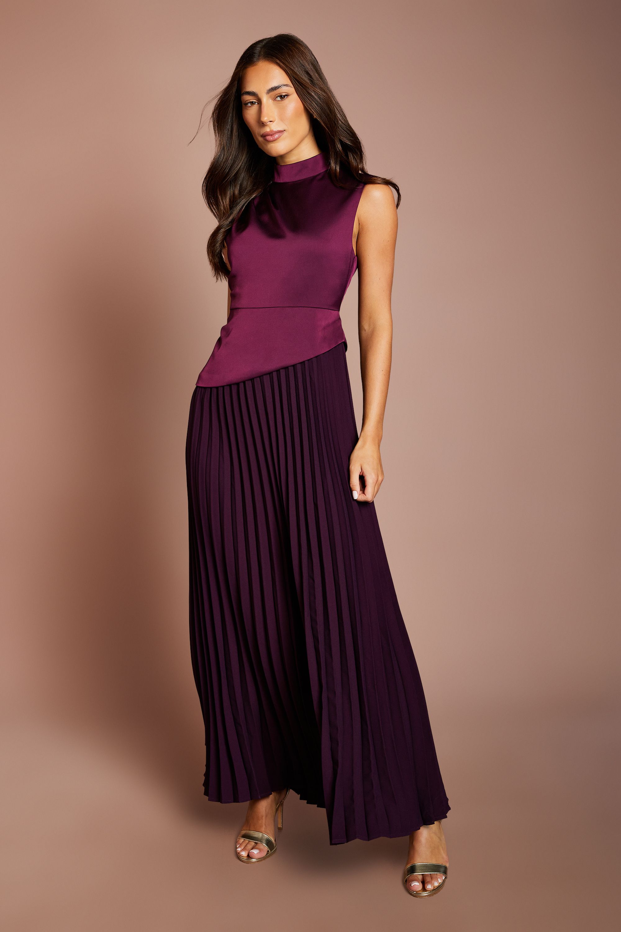 Petite Drape High Neck Pleated Skirt Maxi Dress