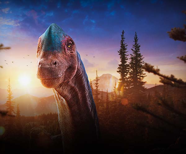 Old Grande the Lusotitan, a gigantic sauropod dinosaur with a long neck, poking its head above the treetops of a lush forest, with a colorful sunset in the background