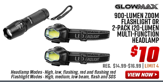 GlowMax 900-Lumen Zoom Flashlight or 2-Pack 120-Lumen Multi-Function Headlamp 