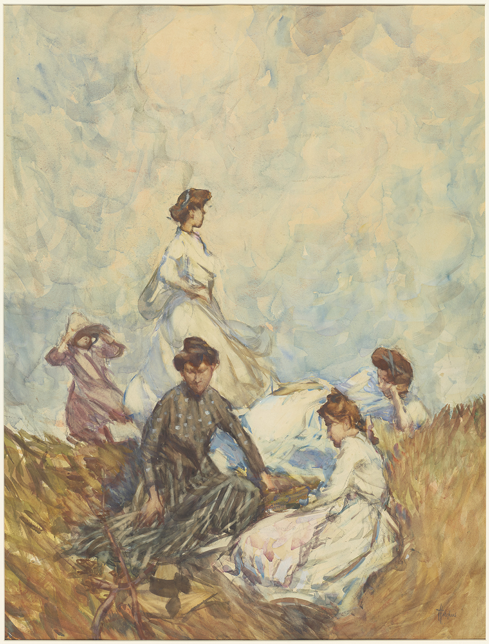 An Impressionist painting of four women and a child are sitting and standing on a hilltop in a breeze.