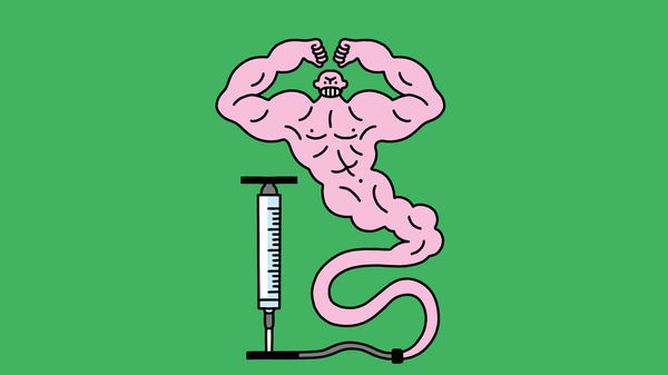 Illustration of a muscular pink genie emerging from a syringe-shaped pump and flexing its arms against a green background.