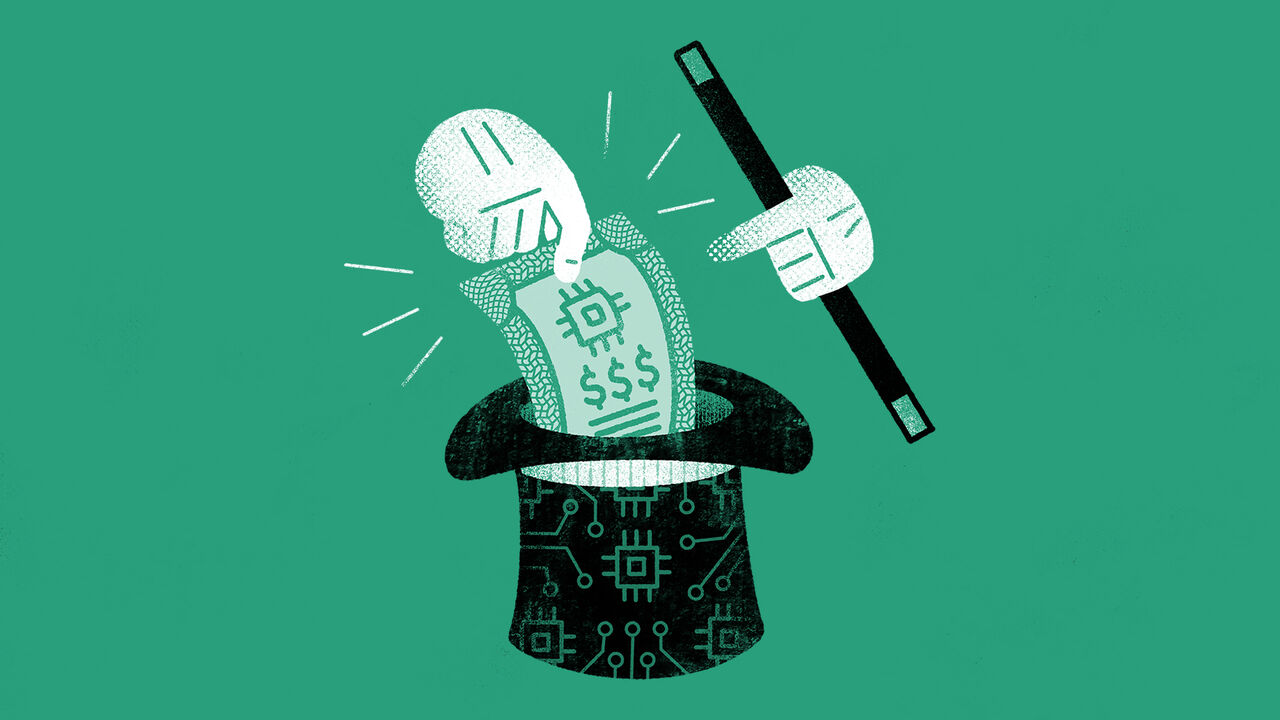 An illustration of two white-gloved hands holding a magician’s wand and putting a dollar note with a chip symbol on it into a top hat.