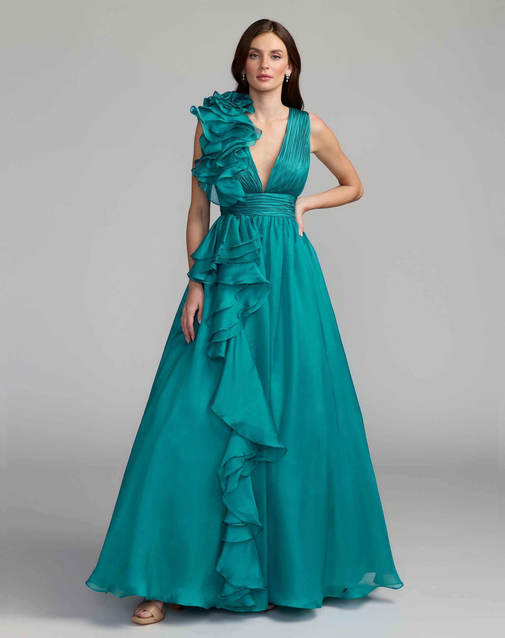 Image of Teal Ruffle Shoulder V-Neck Chiffon Gown