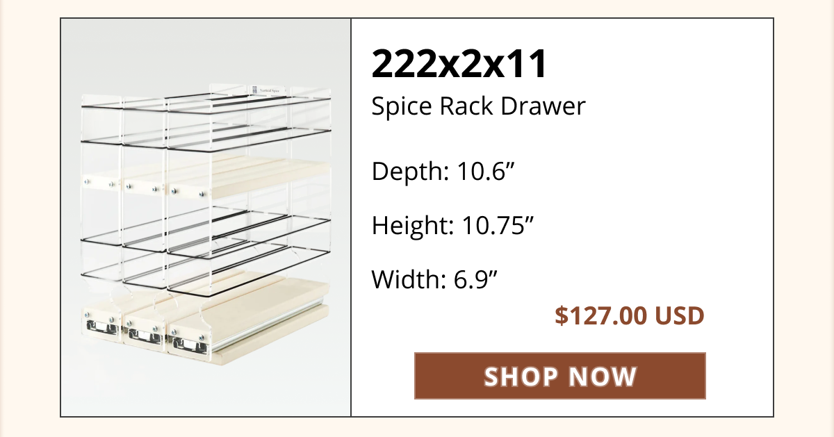 Vertical Spice 222x2x11 spice rack drawer with product image, dimensions, price, and a “Shop Now” button.