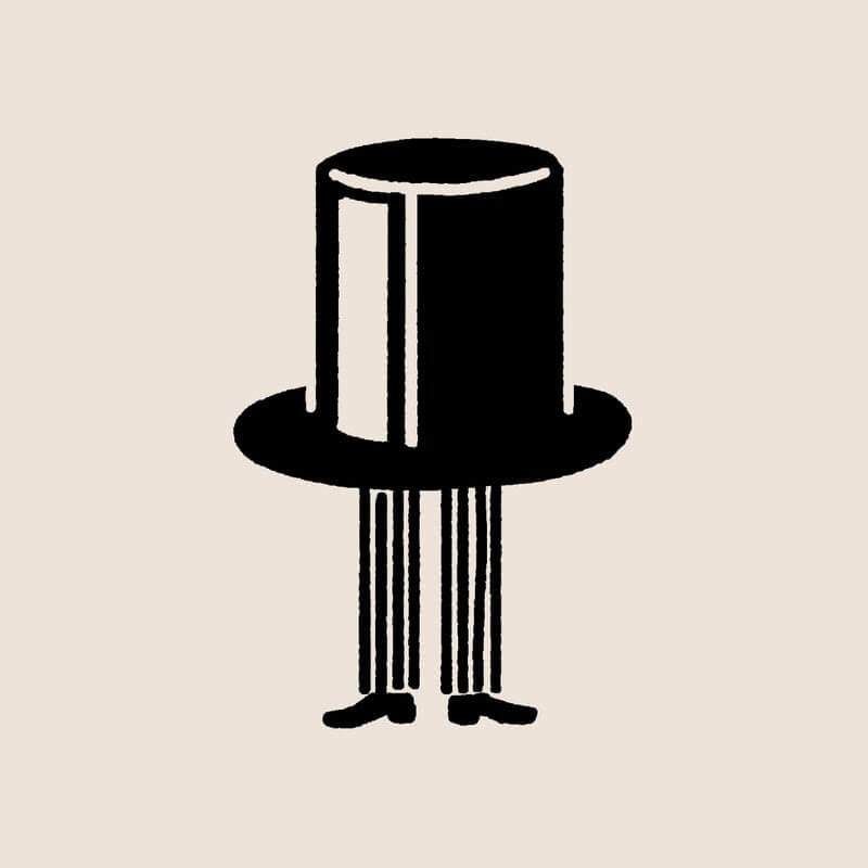 An illustration of legs wearing striped pants coming out of the bottom of a tophat.