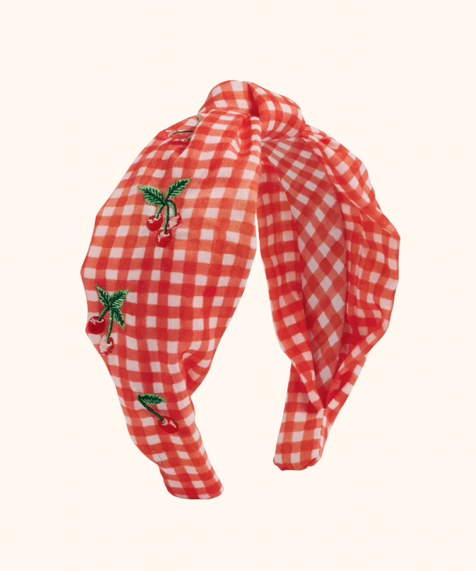 Gingham Cherries Knotted Embroidered Headband