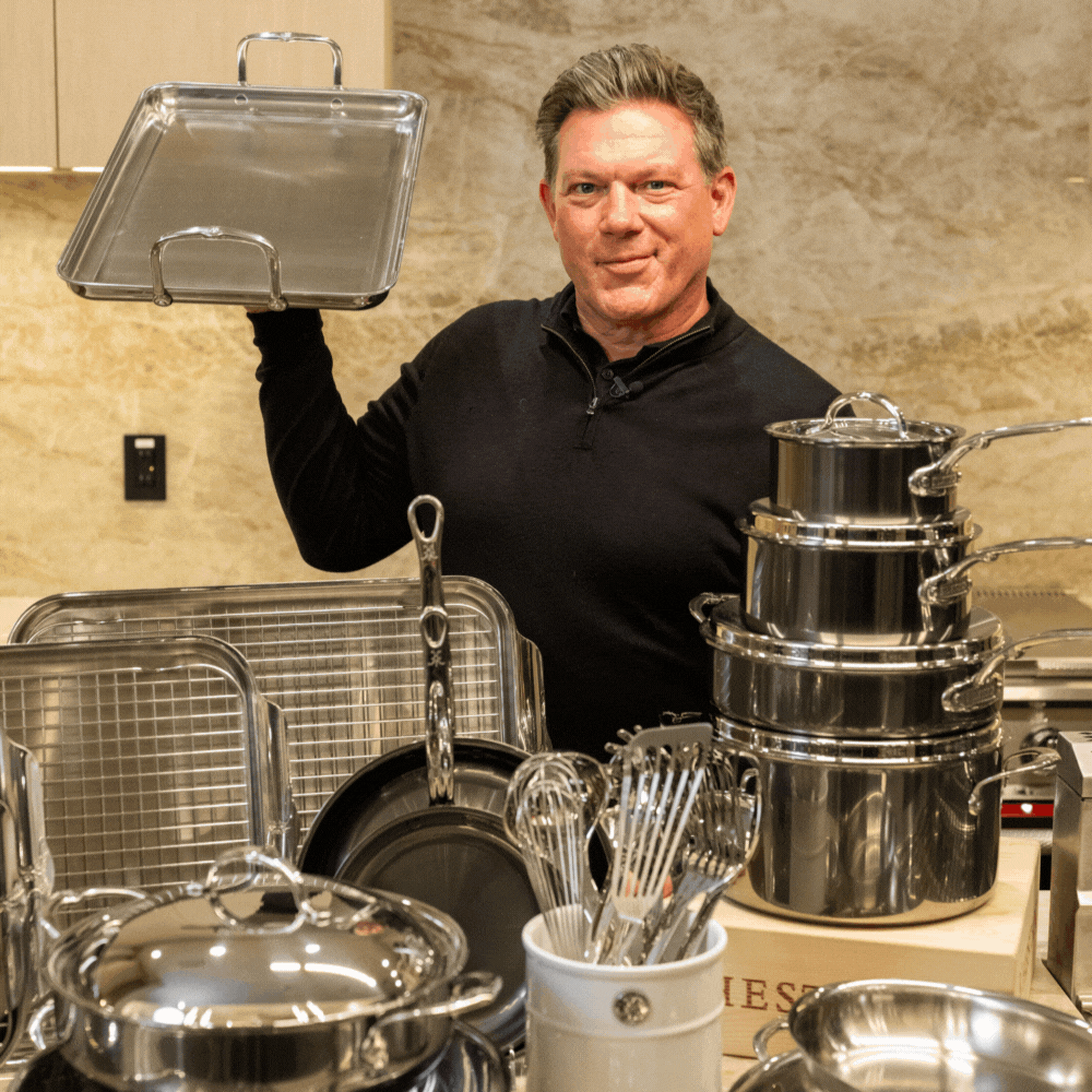 IMG: NanoBond® Molecular Titanium x Tyler Florence 41-Piece Cookware Set on marble countertop
