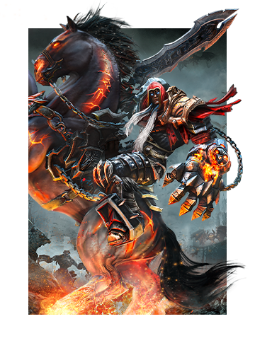 Key art for Darksiders Warmastered Edition featuring the first Horseman of the Apocalypse, riding a dark Clydesdale shrouded in smoke and flame.