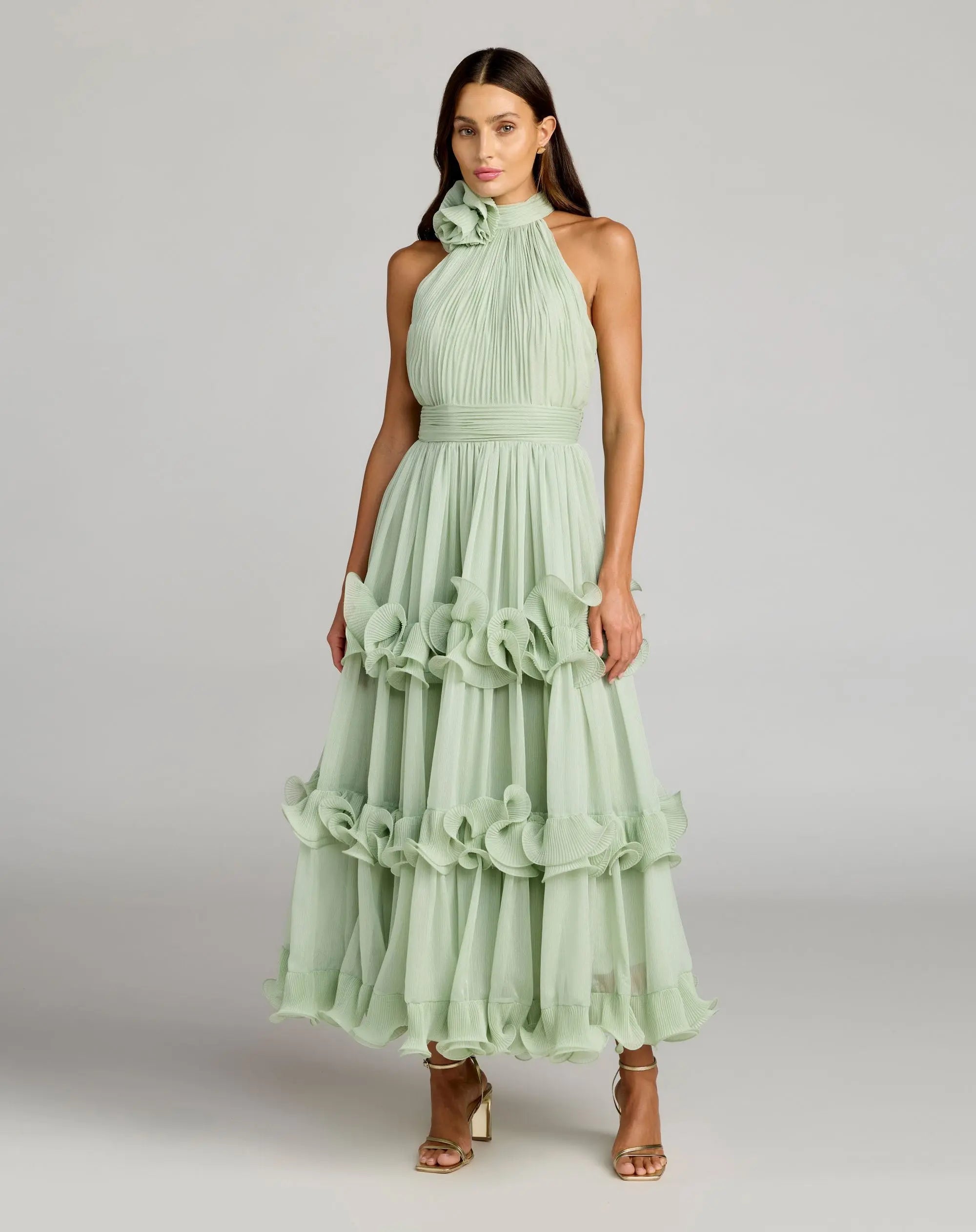 Image of Green Sleeveless Chiffon Halter Neck Ruffle Midi Dress