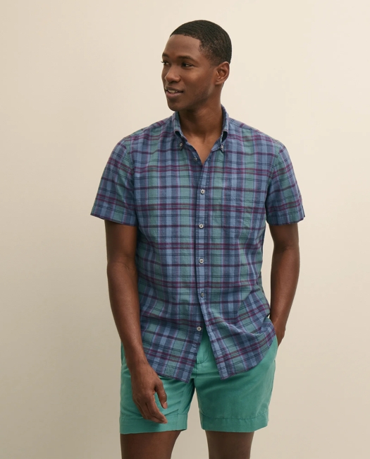 Image of Cotton Madras Polo Button-Down Collar,