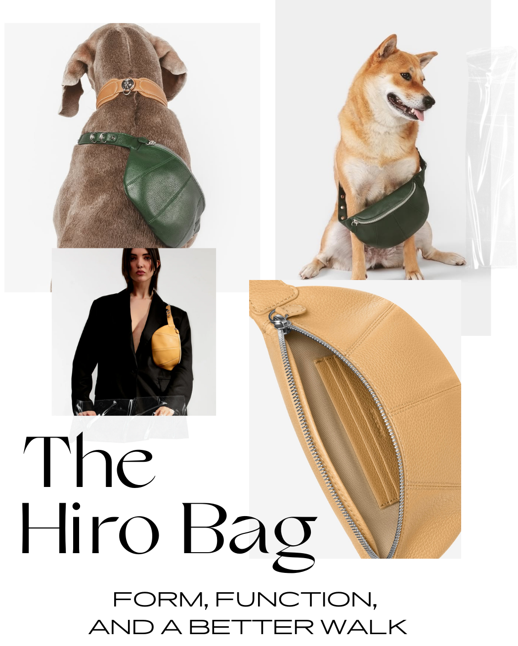 PAGERIE Hiro Bag styled cross-body with matching collar and leash, featuring leash D-rings and interior pocket.