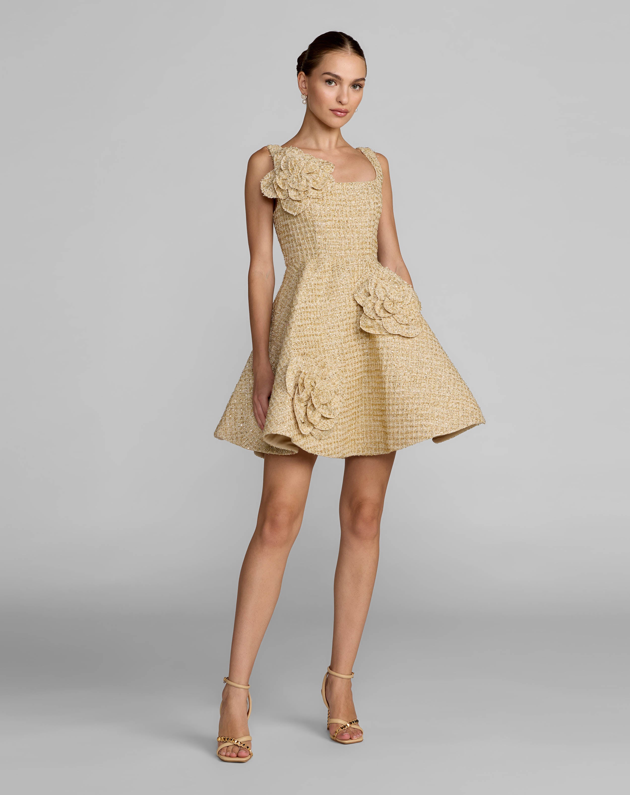 Image of Gold Boucle Floral Applique Mini Dress With Pockets
