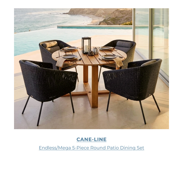 Cane-line Endless Mega 5-Piece Round Dining Set beside an oceanfront infinity pool