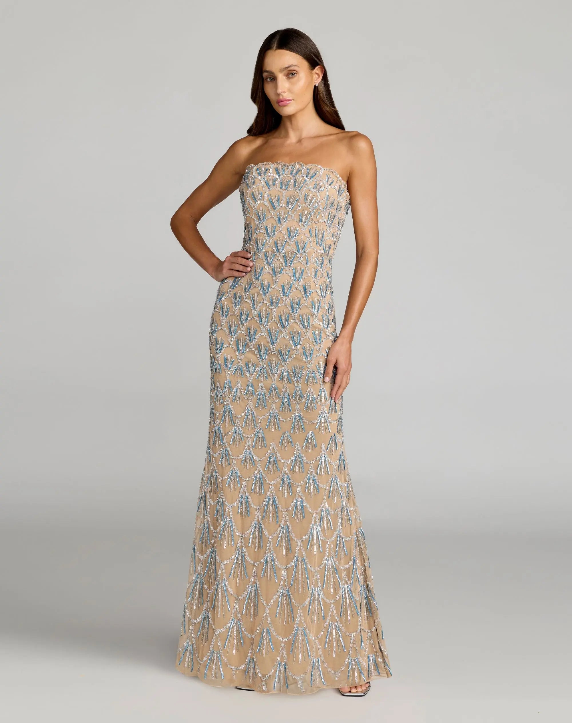 Image of Beige Hand Embellished Strapless Evening Gown