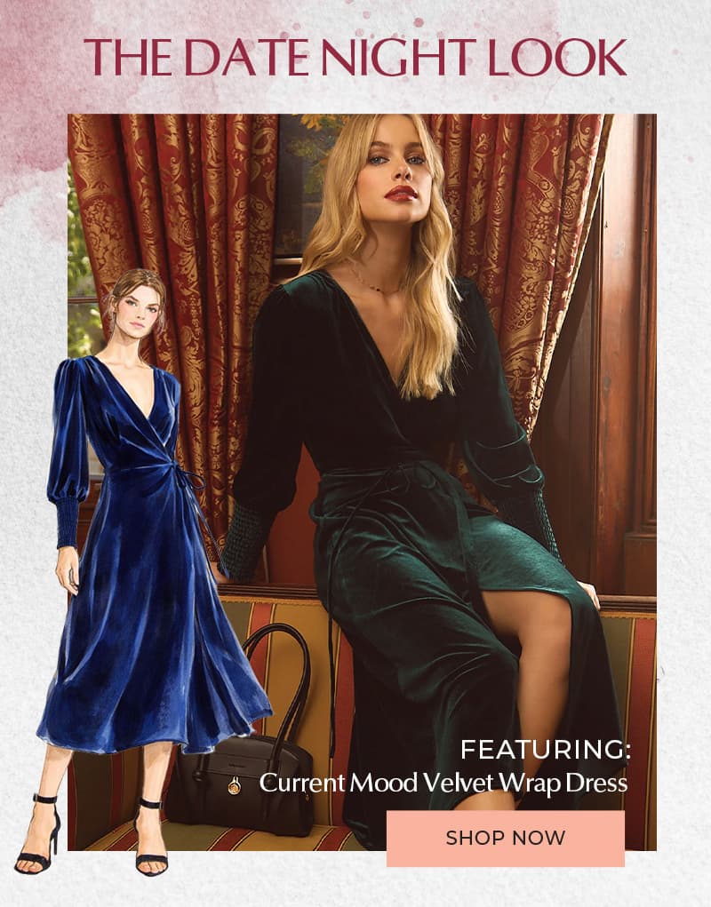 Current Mood Velvet Wrap Dress - Dark Green
