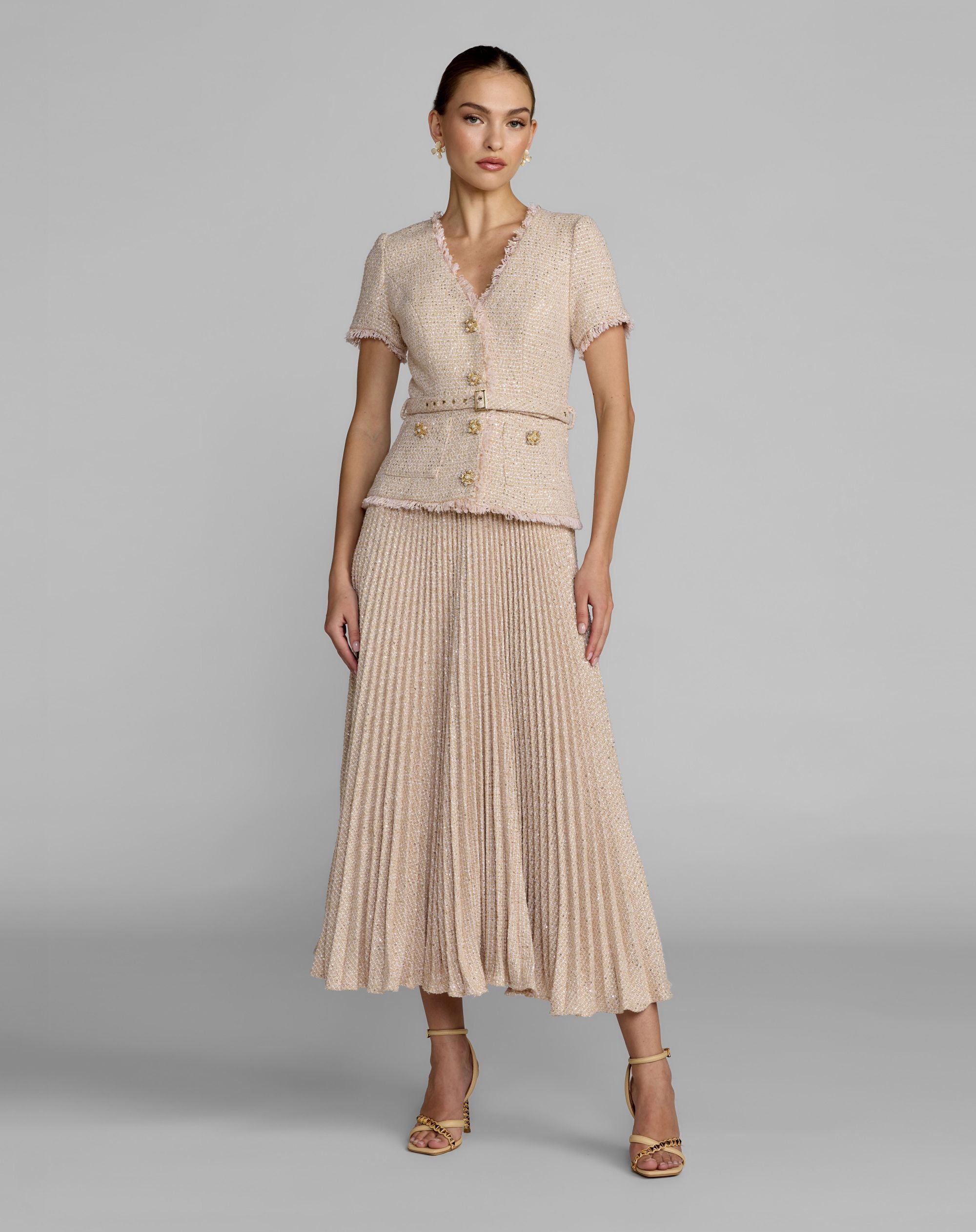 Image of Light Pink Boucle Button Front Pleated Dress