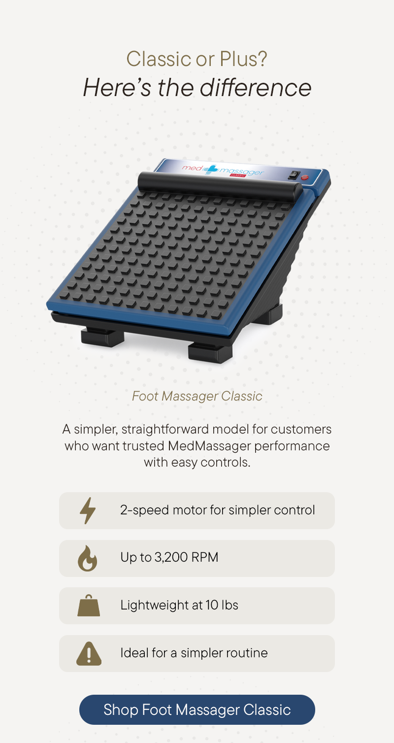Classic or Plus? Here's the difference - Foot Massager Classic - A simpler, straightforward model for customers who want trusted MedMassager performance with easy controls. - 2 speed motor for simpler control. - Up to 3,200 RPM - Lightweight at 10lbs  - Ideal for a simpler routine.  Shop Foot Massager Classic. 