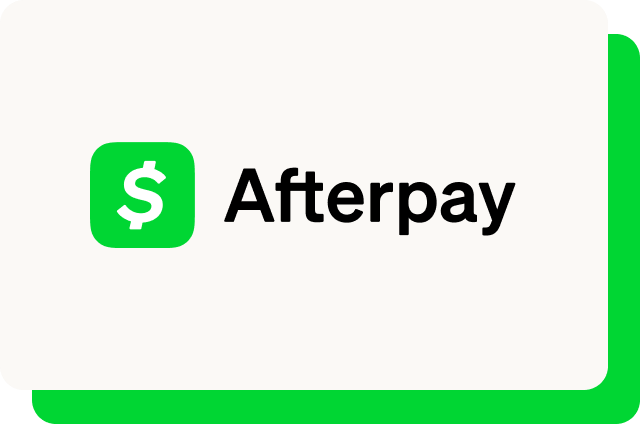 Off-white rounded card with a bright green offset shadow, featuring the Afterpay logo — a green rounded square icon with a white dollar sign beside the bold black text "Afterpay".