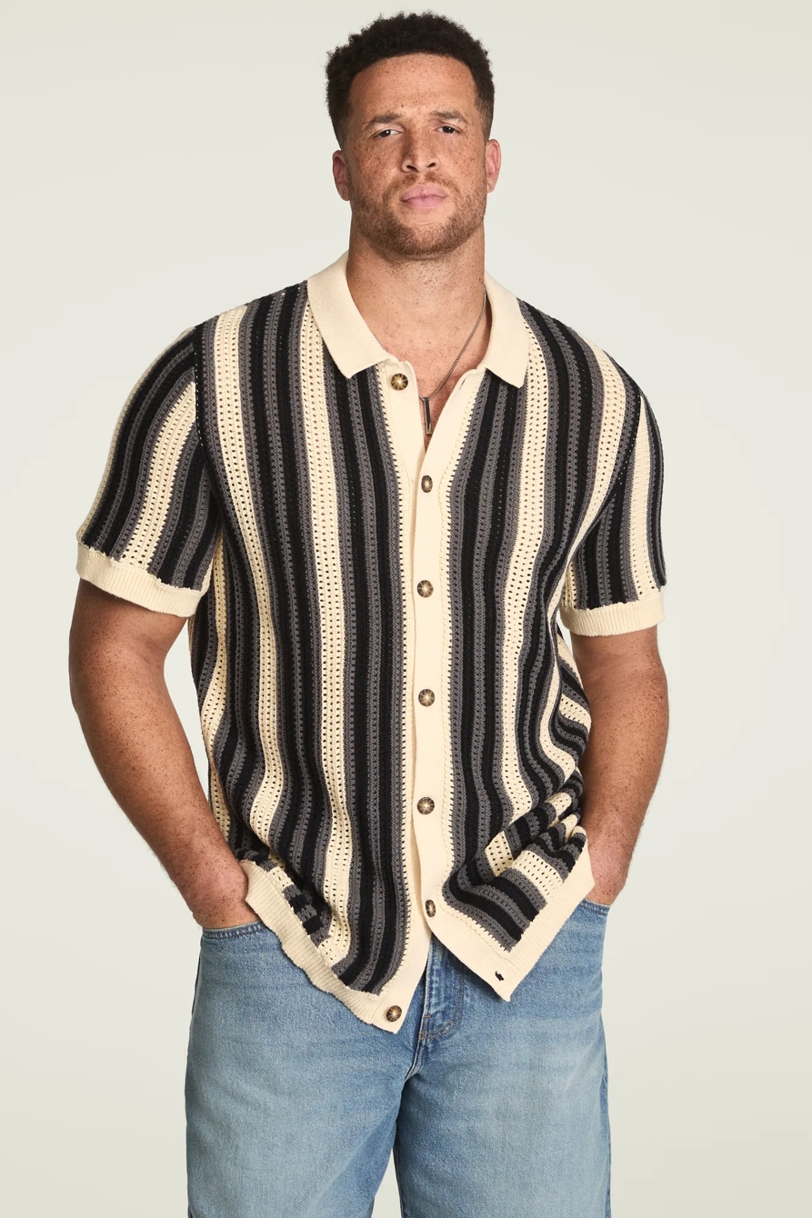 Image of Lucky Brand Big And Tall Stripe Button Through Sweater -Men's Clothing Tops Sweaters in Whitecap Gray