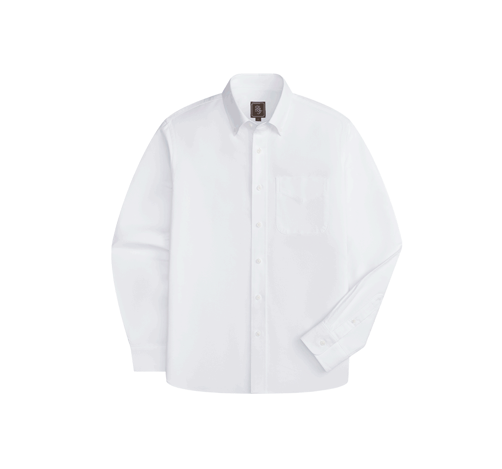 White oxford cloth button-down shirt on a plain background with text describing its breathable cotton, reinforced placket, button-down collar, and flattering fit.