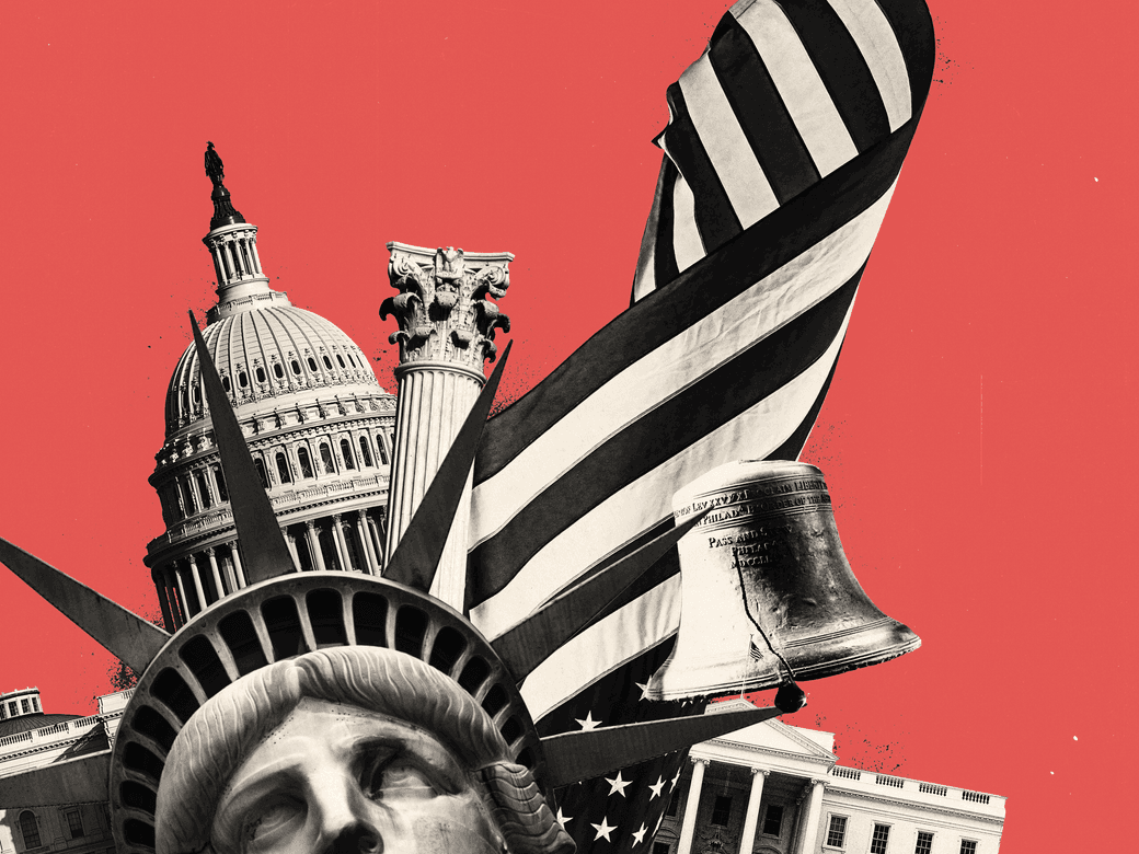 Collage of the Statue of Liberty, Capitol Building, White House, Liberty Bell, and American Flag.