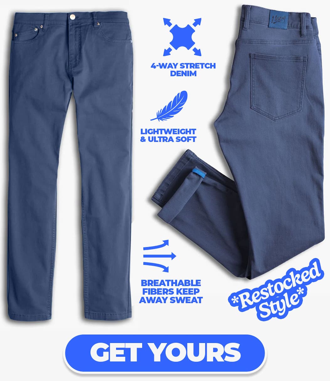 Indigos jeans: 4-way stretch denim, lightweight & Ultra-soft, breathable fibers that keep away sweat. Restocked Style. Button to shop the Indigos