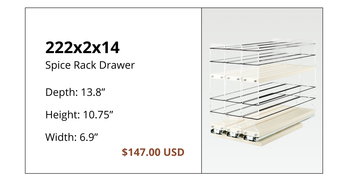 Deep two-tier sliding spice rack organizer with extended depth for larger cabinets, metal frame and smooth glide rails