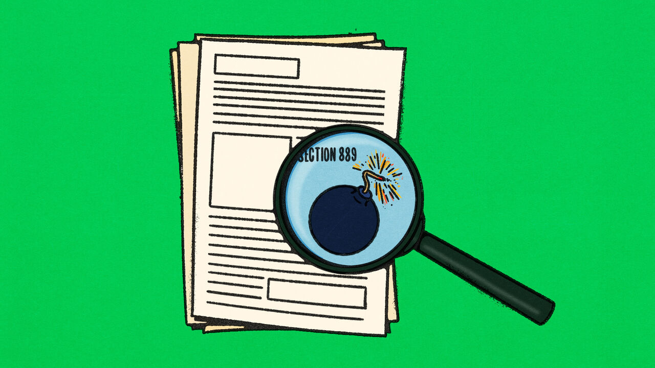 Illustration of some papers with a magnifying glass showing the words 'section 889' and a bomb