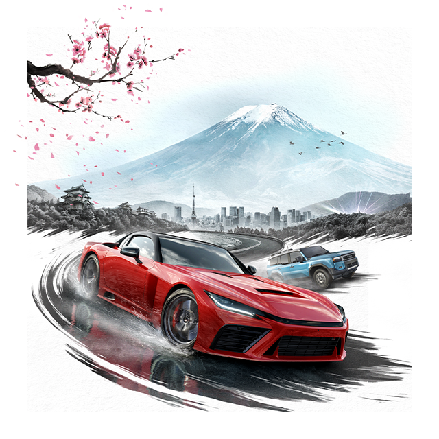 Key art for Forza Horizon 6 depicting a red Ferrari J50 racing beneath cherry blossoms with Mt. Fuji in the distance.
