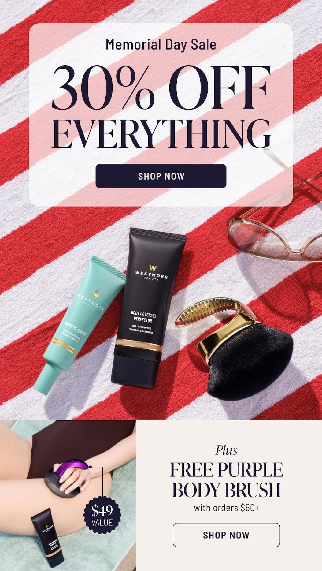 30% off everything + free body brush with orders over $50