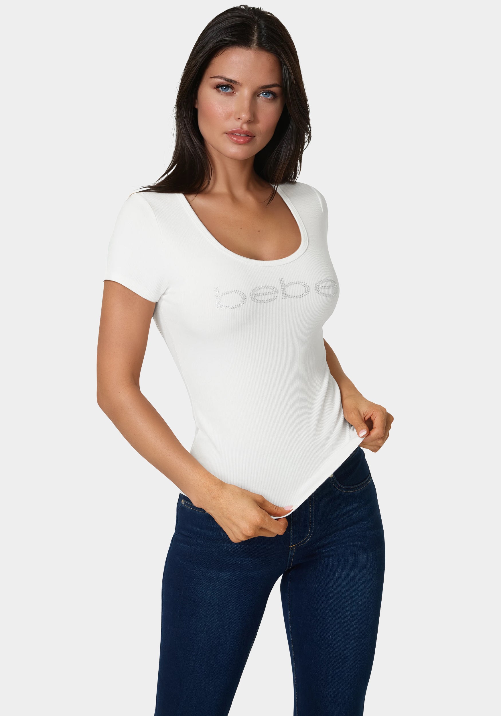 Image of Bebe Logo Short Sleeve Round Neck Rib Top