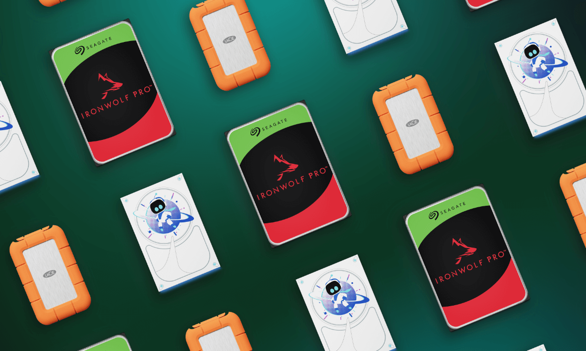A selection of Seagate and LaCie storage devices on a green background, including an IronWolf Pro, Astro Bot Limited Edition Game Drive and a LaCie Rugged USB-C.