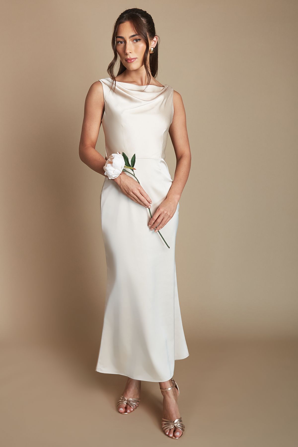 Champagne Cowl Neck Open Back Midi Bridesmaid Dress