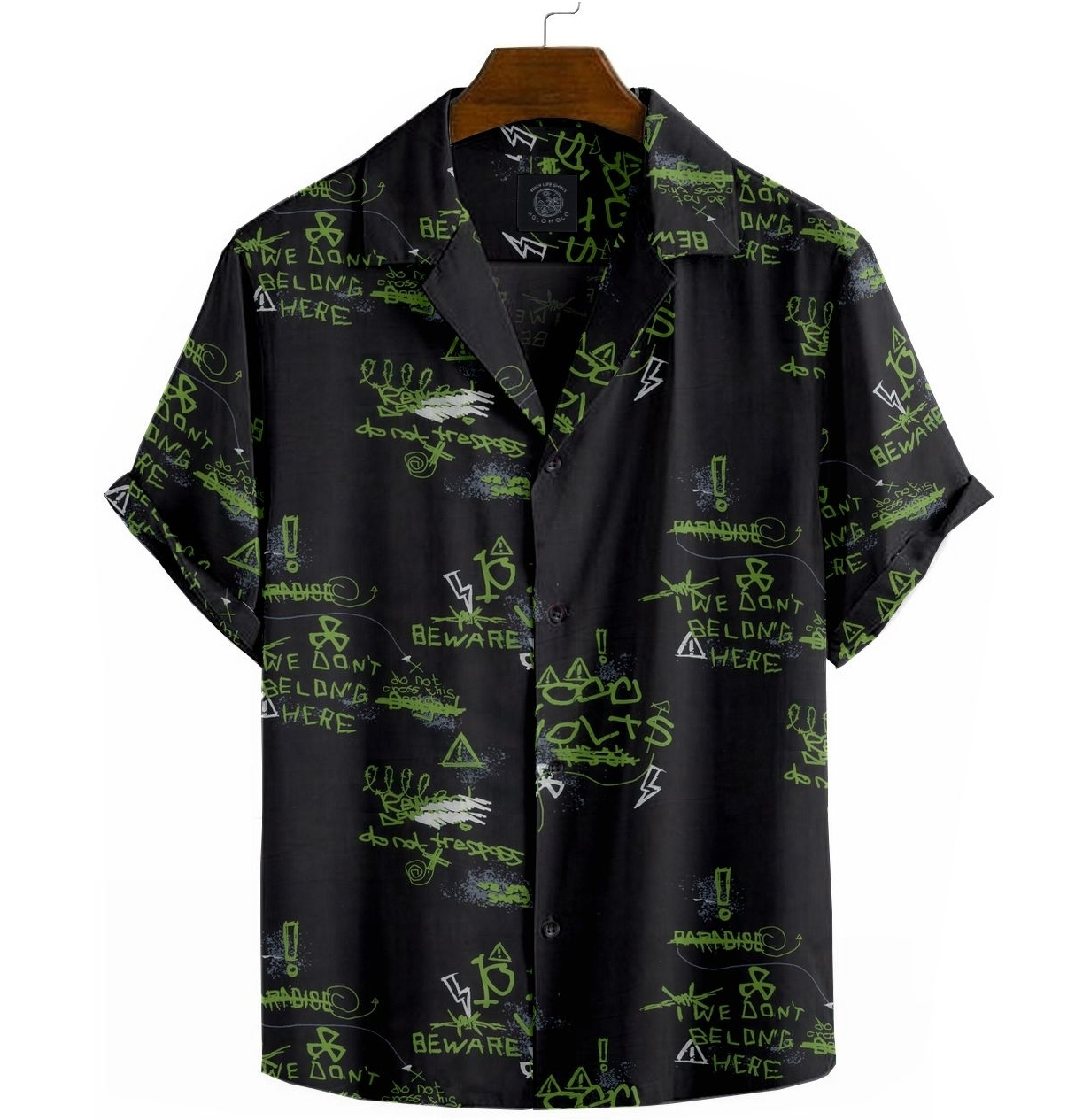 Image of Cotton - Camp Collar Shirt - Black Green Text