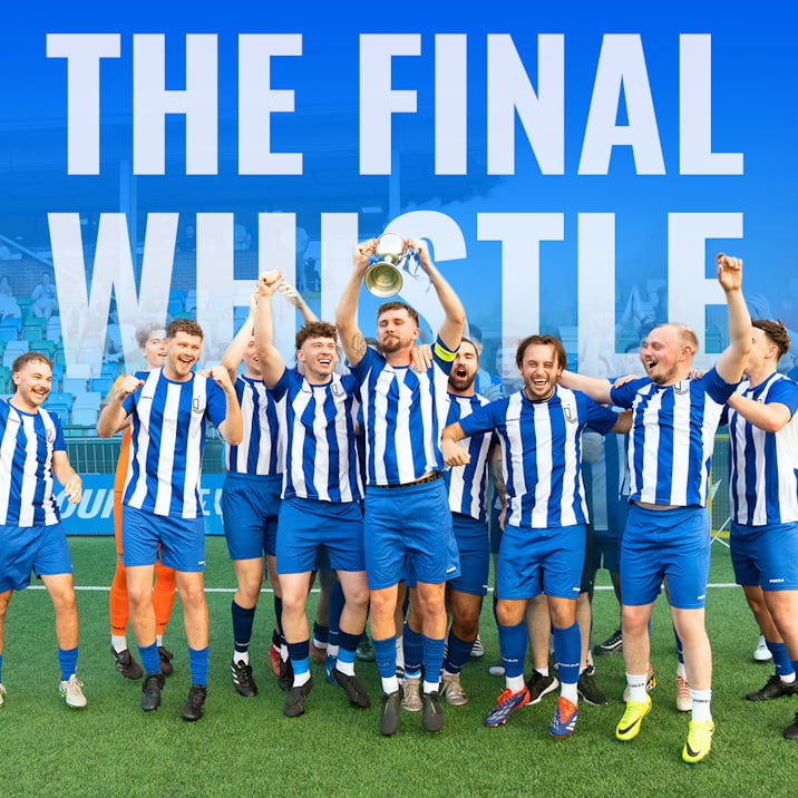 The Final Whistle: Net World Sports staff celebrating wearing striped Blue and White FORZA Kits.