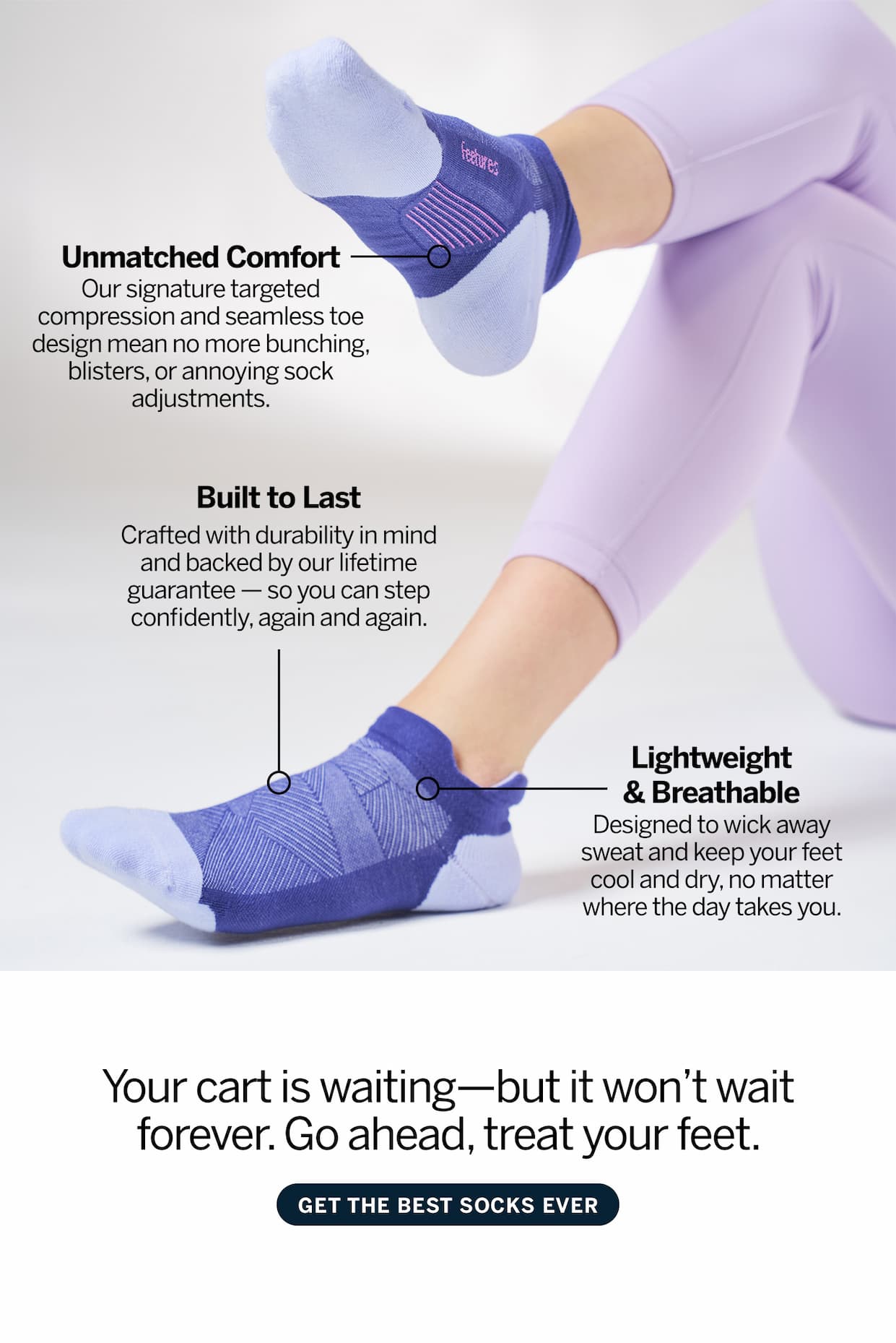 Feetures Elite Tab sock with all the tech points pointed out. These socks are built to last, lightweight and breathable, and have unmatched comfort