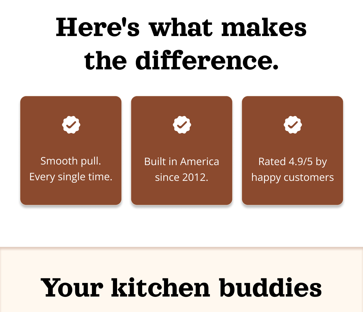 Three feature cards highlighting smooth pull functionality, American manufacturing since 2012, and a 4.9/5 customer rating.