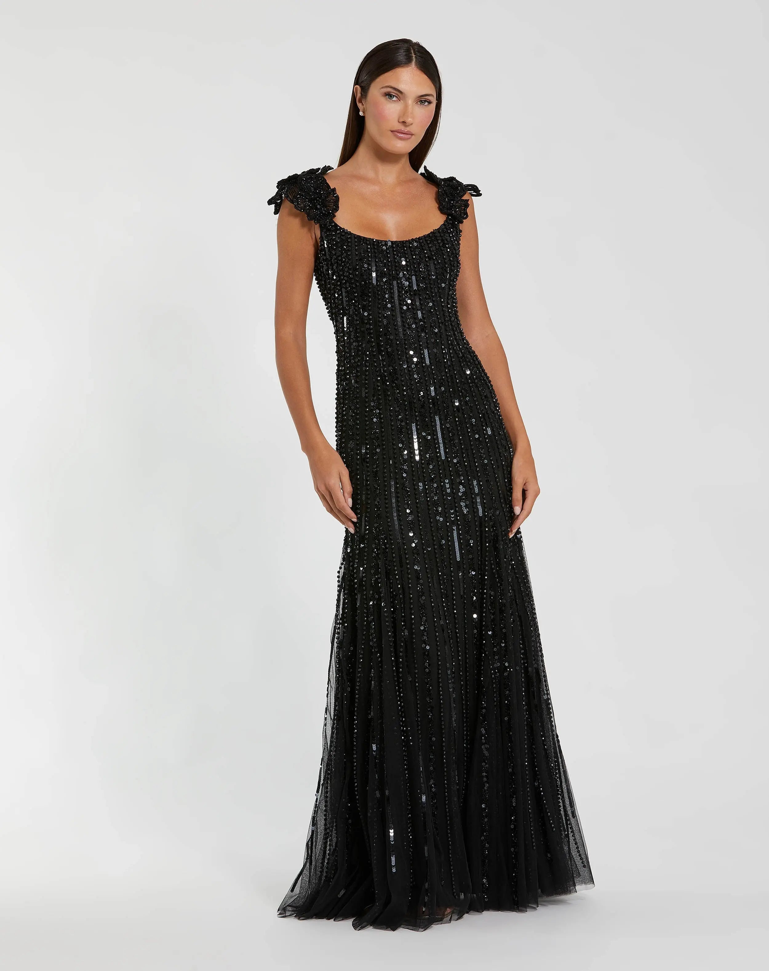 Image of Sleeveless Mesh Gown With Floral Shoulder Detail