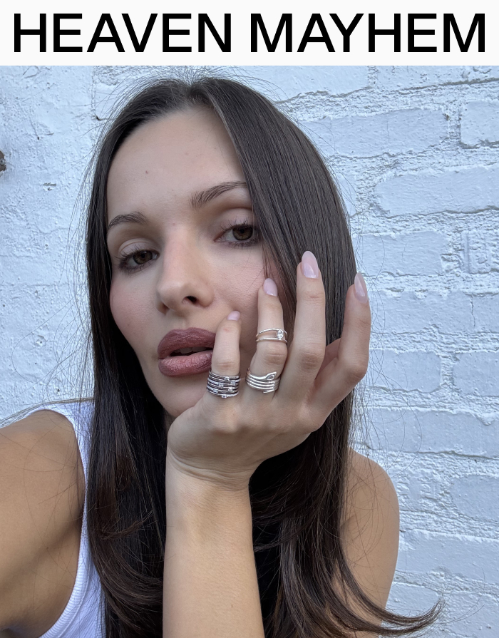 Heaven Mayhem founder Pia Mance wearing NEW Heaven Mayhem Rings in Silver –&nbsp;Whimsey, Suri and Oria.