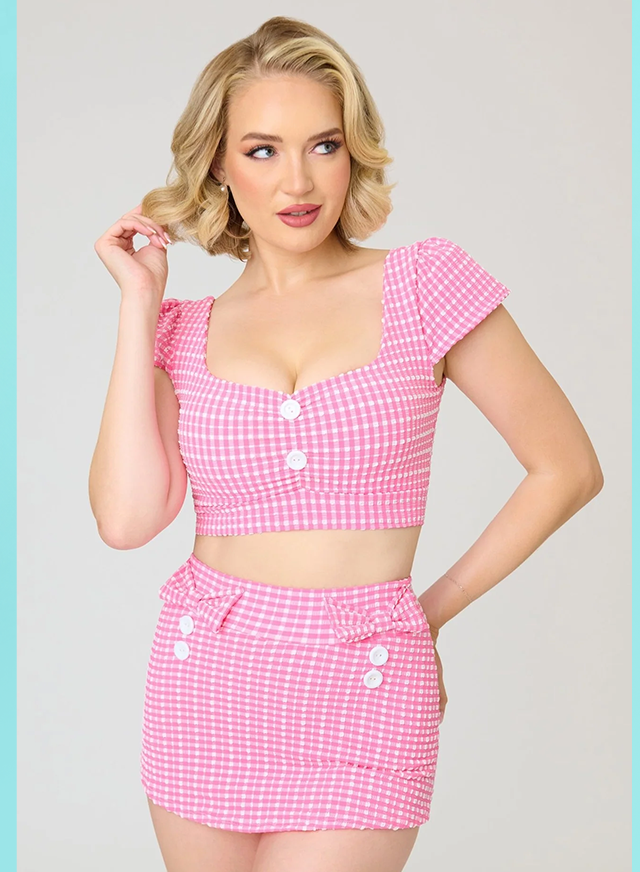 Pinky Pinups Pink Gingham Seersucker Swim Top