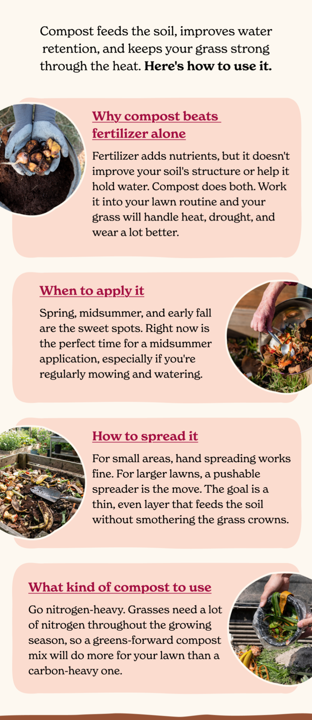 Compost feeds the soil, improves water retention, and keeps your grass strong through the heat. Here's how to use it.