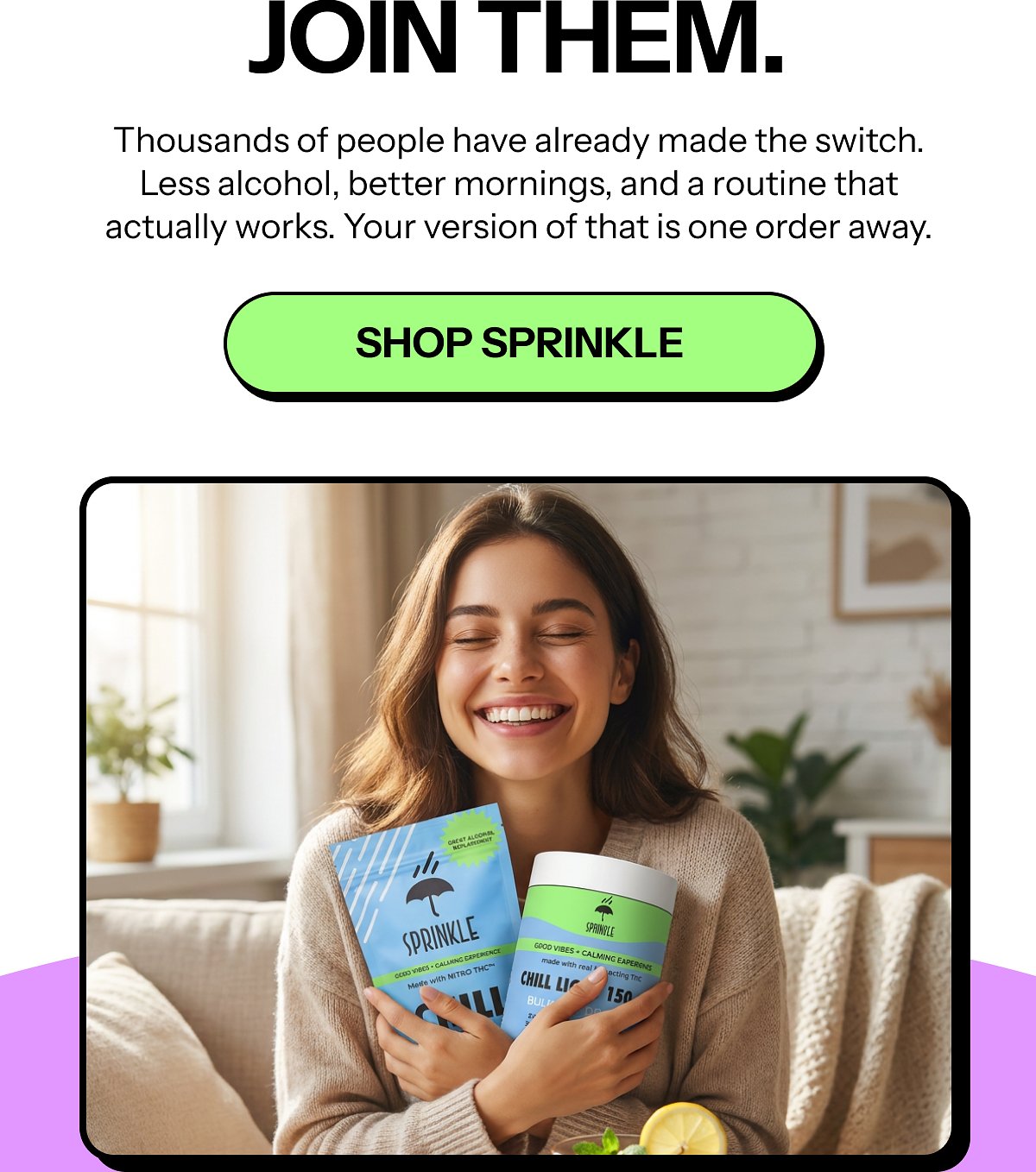 A woman smiling while holding two containers of a product, with text about making a switch.