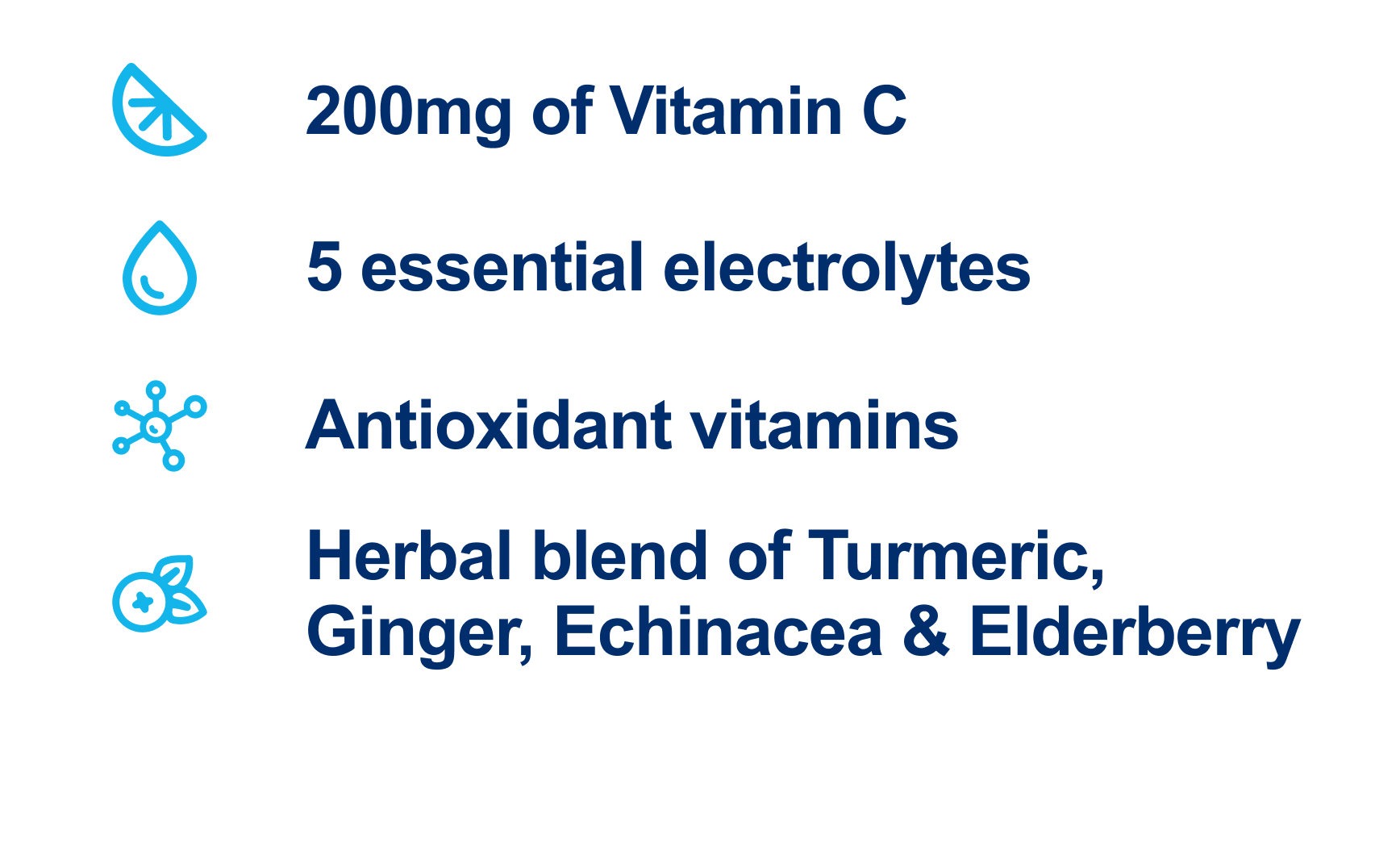 Vitamin C, eletrolytes, Antioxidant vitamins, Turmeric, Ginger, Echinacea & Elderberry