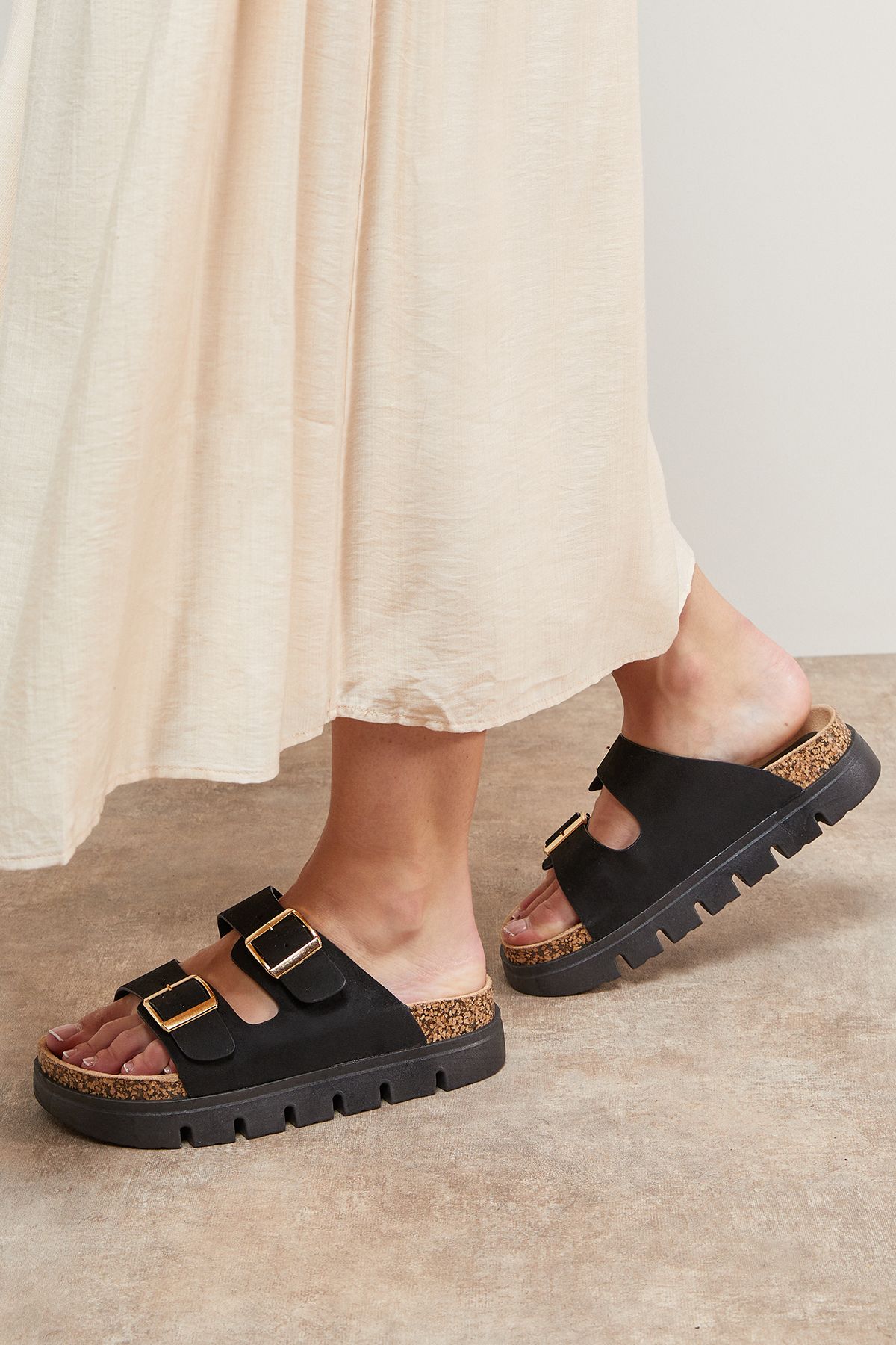 Phoebe Faux Leather Double Buckle Chunky Footbed Sandals